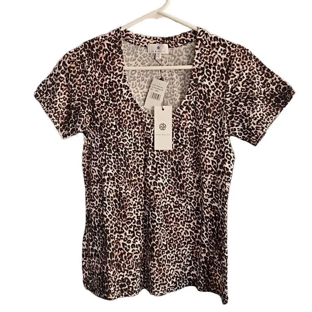 Socialite Leopard Print Short Sleeve Tee Black Brown XSmall